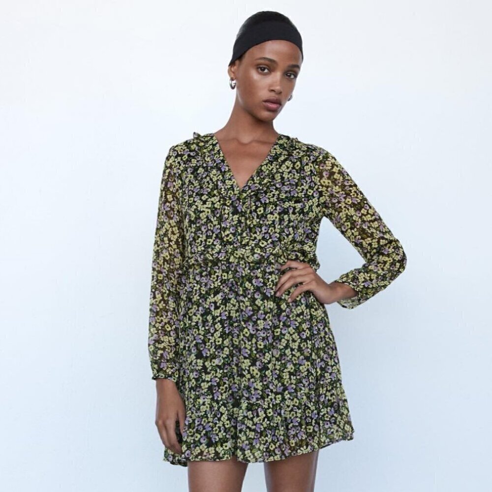 Zara Black Purple Yellow Floral Mini Dress Ruffle Long Sleeve Dress